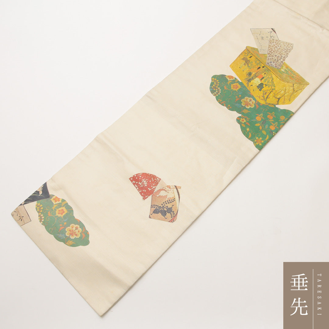九寸名古屋帯 Aランク 帯丈355cm 正絹 ポイント柄 名古屋仕立て 染め インフォーマル 平安絵巻 クリーム系 RP 1245-02021
