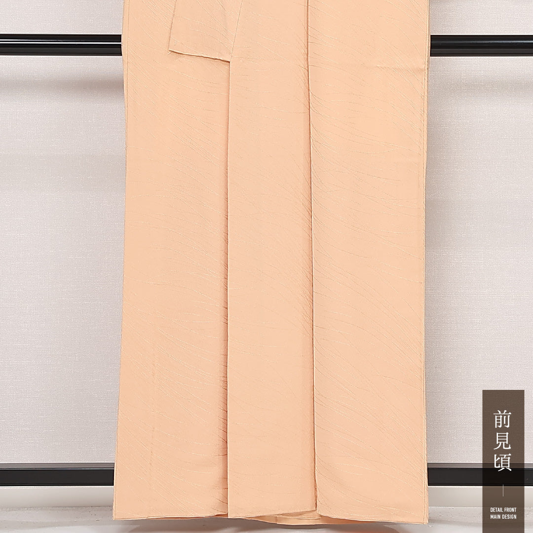色無地 袷 身丈160cm 裄丈64cm 正絹 Sランク 一つ紋 (蔦) 紋意匠 (芝草) セミフォーマル 広衿 Lサイズ ベージュ系 RP 1219-13330