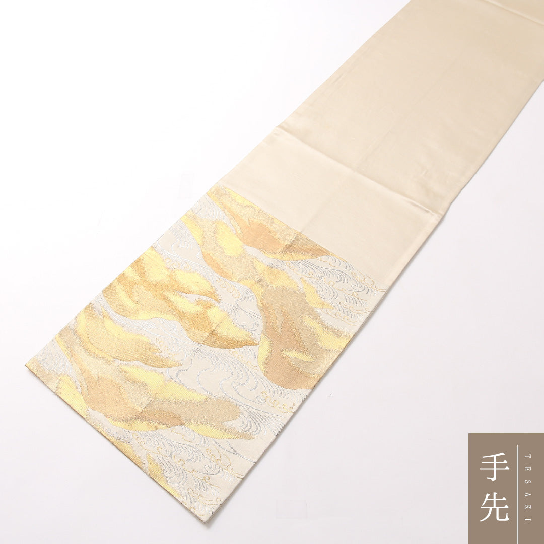 袋帯 帯丈416cm 正絹 六通 フォーマル 綴れ織 遠山 荒磯 金系 1243-01722