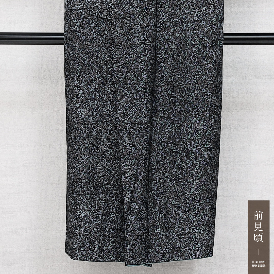 アンティーク お召 袷 身丈144cm 裄丈63cm 正絹 Aランク バチ衿 XSサイズ アラベスク文様 紺系 RP 1222-14451
