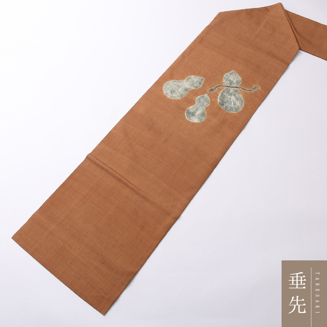 九寸名古屋帯 Sランク 帯丈373cm 正絹 ポイント柄 名古屋仕立て 染め カジュアル 紬 ひょうたん 茶系 LP 1245-02706