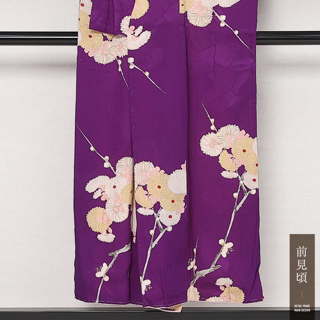 アンティーク 小紋 (錦紗) 袷 身丈142cm 裄丈63cm 正絹 Aランク 広衿 XSサイズ 菊 紫系 RP 1221-13658