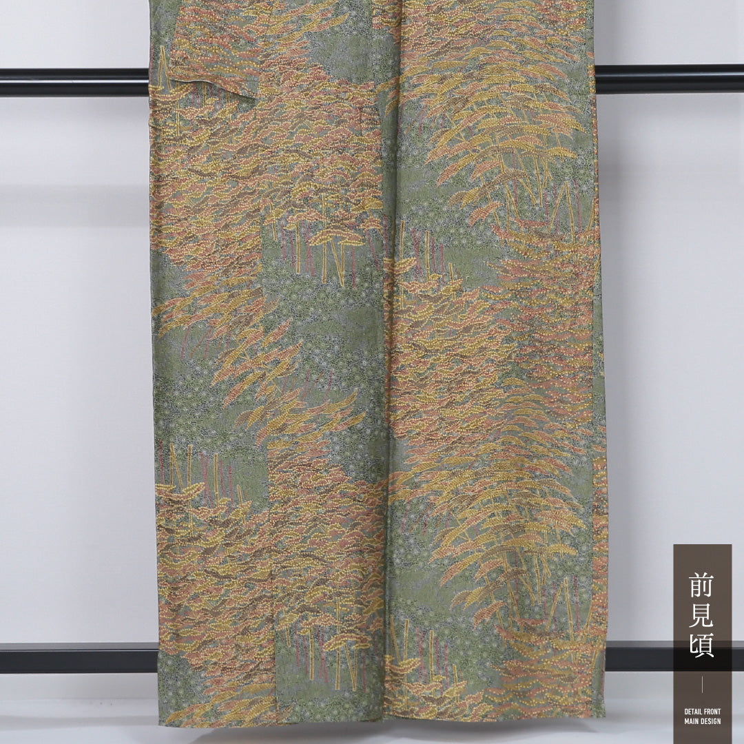 小紋 身丈158cm 裄丈68cm Sランク M ポリエステル 洗える着物 単衣 広衿 クラシカル 居敷当て 風景柄 カジュアル 緑系 1215-12340