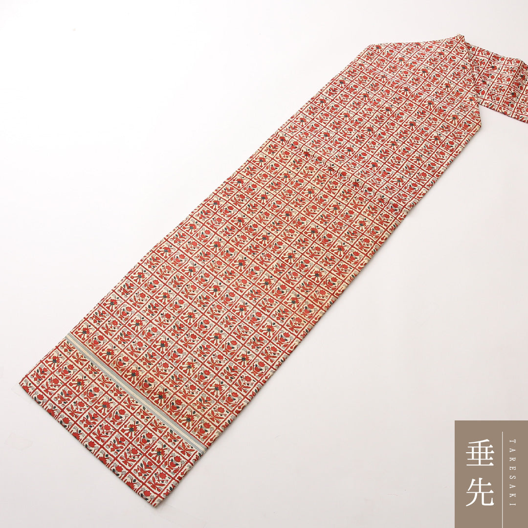 九寸名古屋帯 Bランク 帯丈350cm 正絹 全通 名古屋仕立て 染め カジュアル ペルシャ文様 赤系・クリーム系 RP 1245-02452