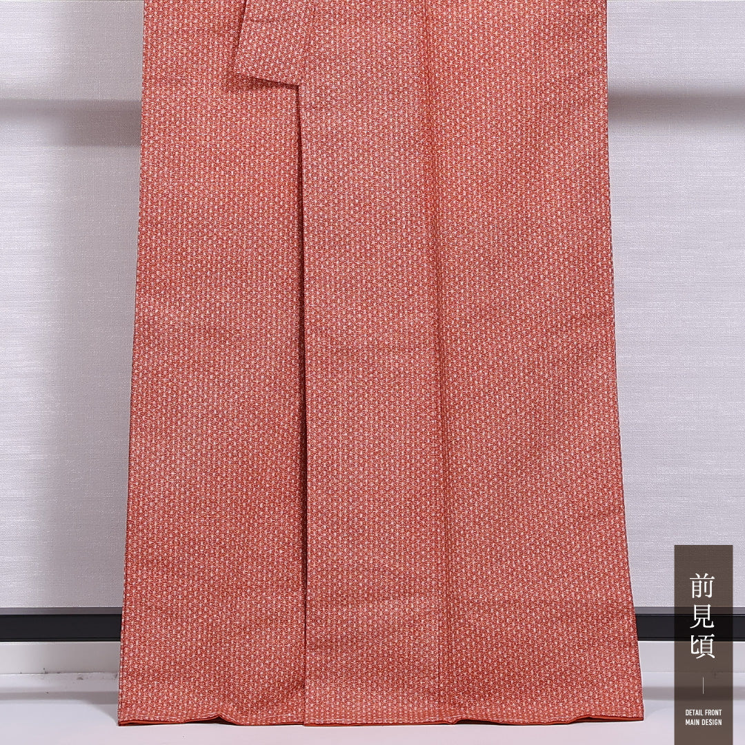 小紋 袷 身丈164cm 裄丈68cm 正絹 Aランク インフォーマル バチ衿 Lサイズ 麻の葉 朱系 HP 1221-11714