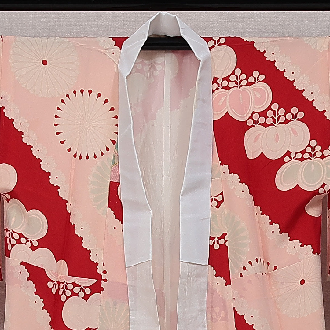 アンティーク 長襦袢 無双袖 身丈123cm 裄丈62cm Aランク 正絹 Sサイズ 吉祥文様 レトロ 大正ロマン ピンク系 1229-14485