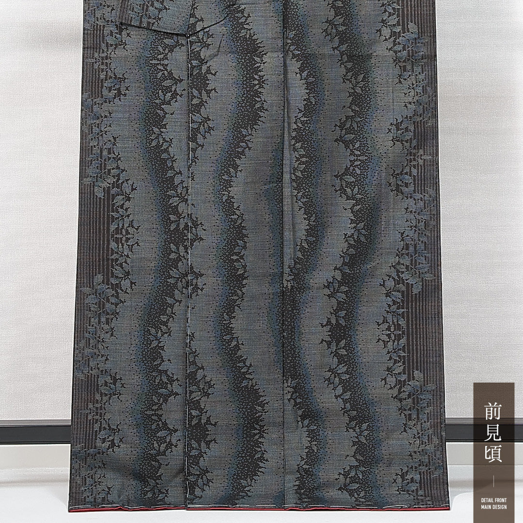 未使用品 大島紬 袷 身丈166cm 裄丈64cm 正絹 Nランク インフォーマル 広衿 XLサイズ しつけ糸 植物柄 グレー系 RP 1223-14897