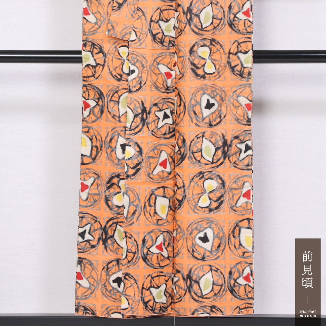 アンティーク 銘仙の着物 袷 身丈148cm 裄丈61cm 正絹 Aランク バチ衿 XSサイズ 抽象柄 朱系 M4 1223-11462