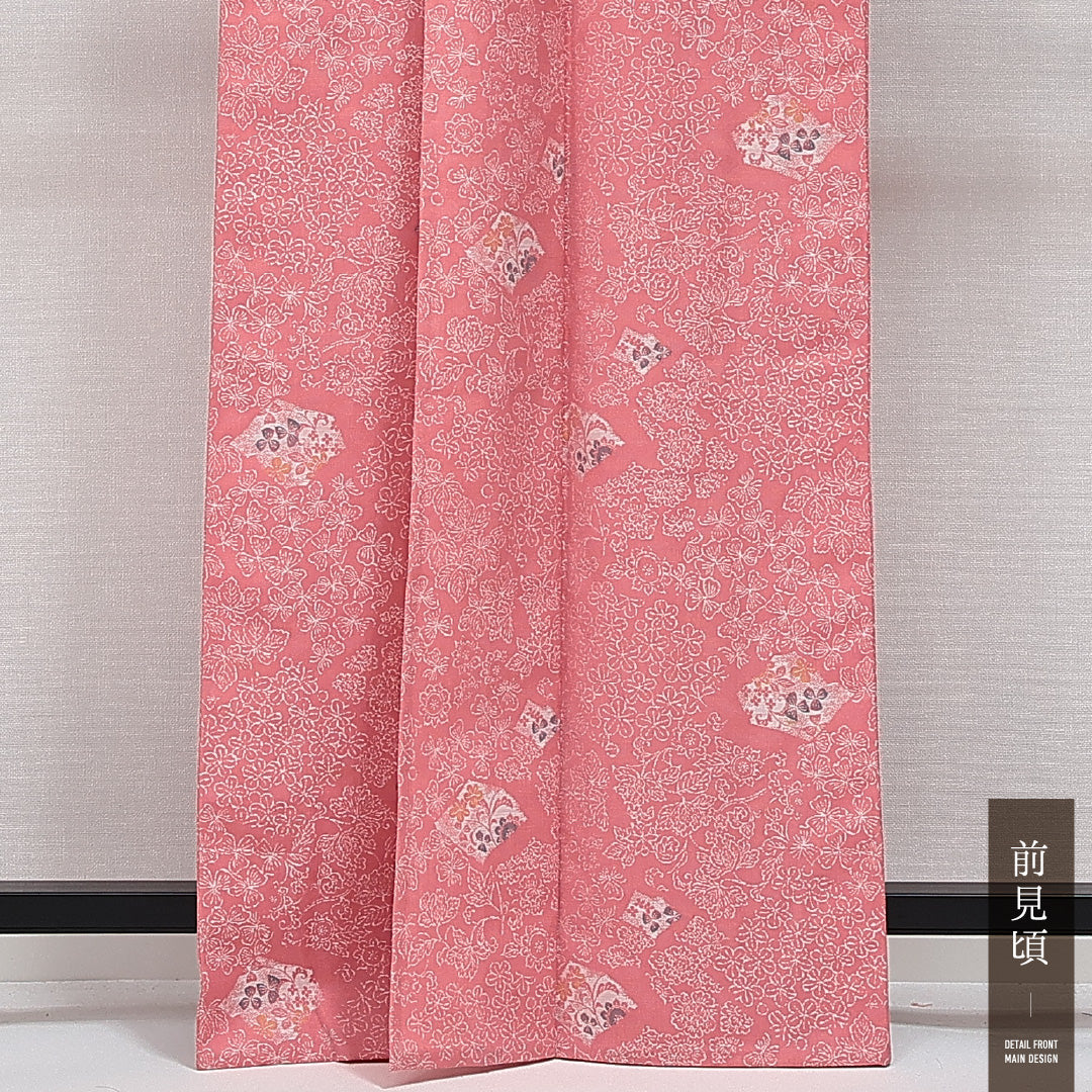 洗える着物 ウールの紬 単衣 身丈162cm 裄丈63cm ウール Sランク カジュアル バチ衿 Lサイズ 居敷当て 肩当て 梅 蔦 ピンク系 RP 1223-14355