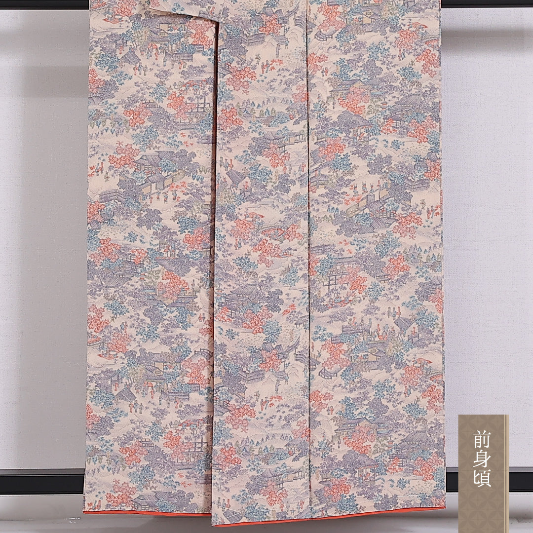 小紋 袷 身丈154cm 裄61.5cm 正絹 御所解 クリーム系 ちりめん Sランク しつけ糸 1215-02465