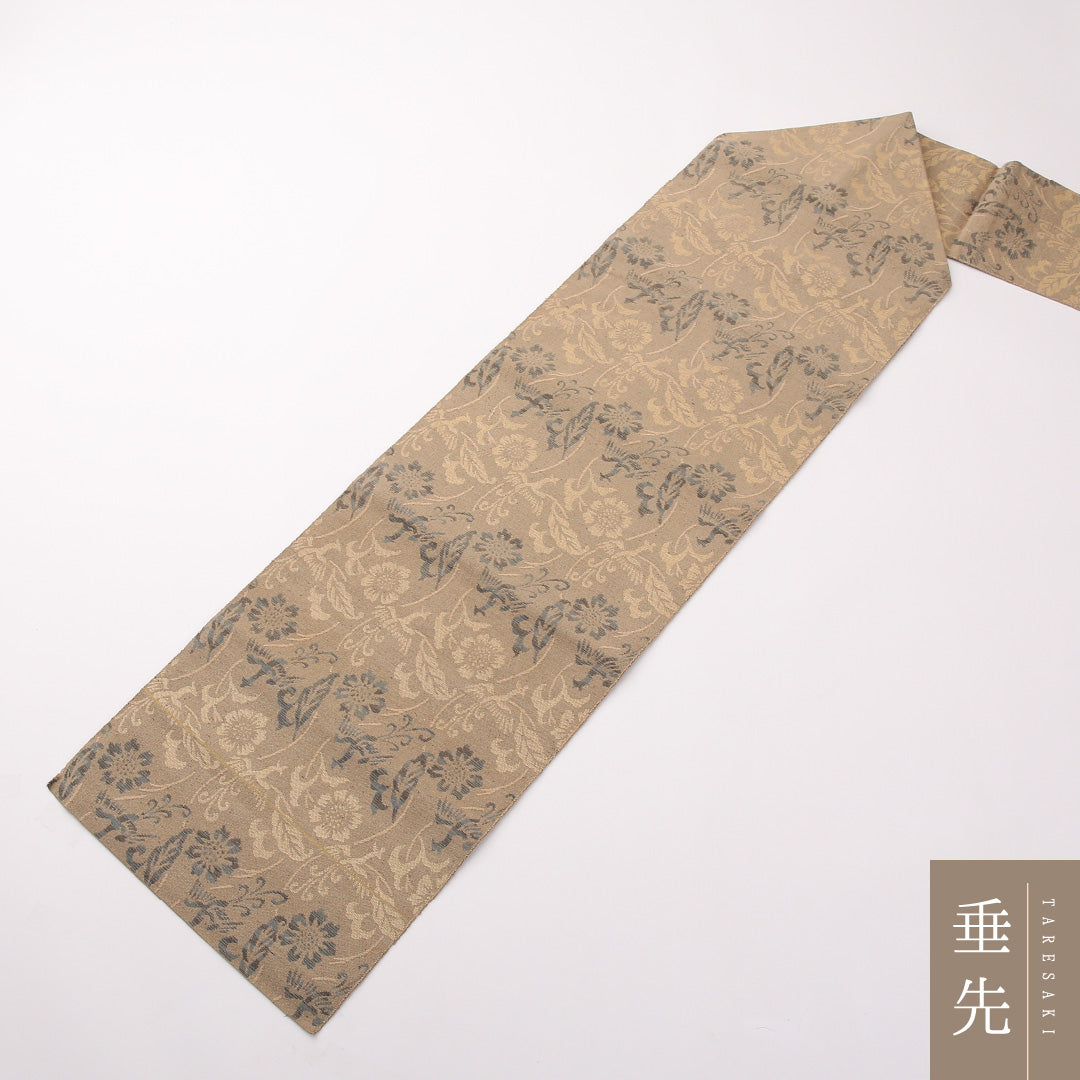 九寸名古屋帯 Sランク 帯丈354cm 正絹 六通 名古屋仕立て 帯芯なし 織り カジュアル 紬 唐草鳳凰文 ベージュ系 RP 1245-02199