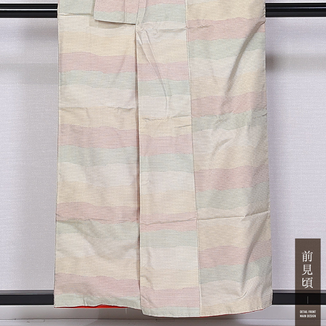 紬 袷 身丈152cm 裄丈62cm 正絹 Aランク カジュアル 広衿 Sサイズ 染め紬 十字亀甲 クリーム系 RP 1223-11289