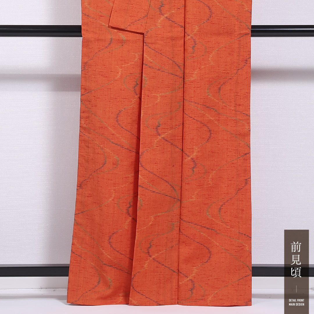 洗える着物 ウールの紬 単衣 身丈161cm 裄丈67cm ウール Sランク カジュアル 広衿 Lサイズ 創作柄 朱系 RP 1223-11735