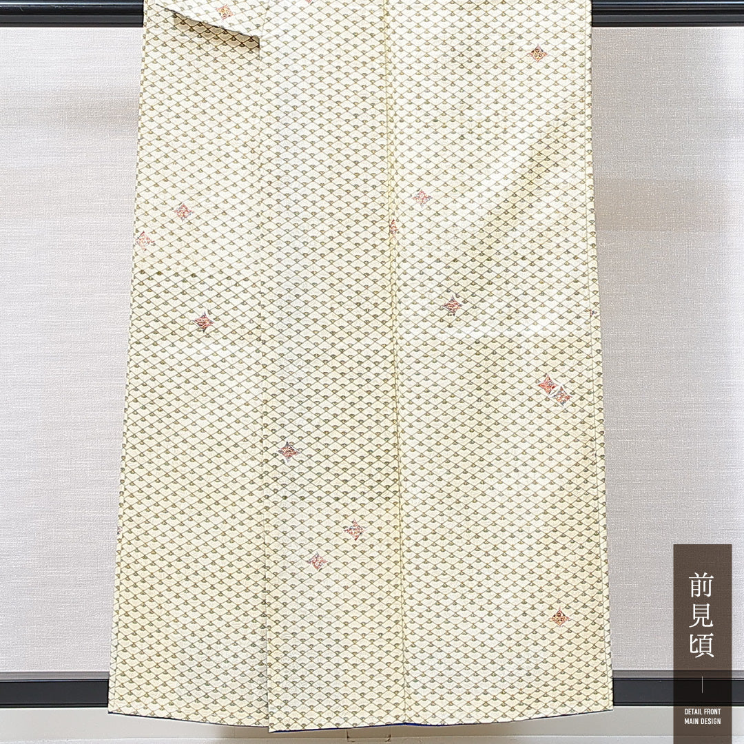 小紋 袷 身丈154cm 裄丈62cm 正絹 Sランク インフォーマル 広衿 Sサイズ 扇 古典柄 黄系 RP 1221-14907