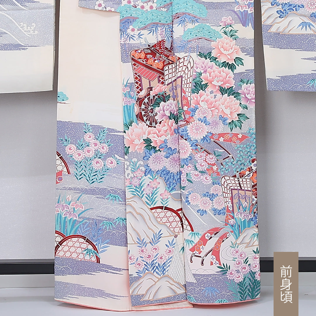 振袖 身丈160cm 裄丈67.5cm Cランク 袷 正絹 S 広衿 御所車 古典柄 菊 牡丹 友禅 菖蒲 白系 1213-F0446