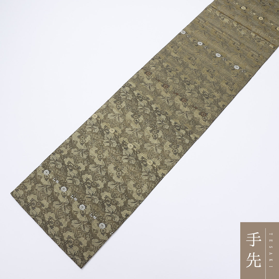 アンティーク 丸帯 帯丈388cm 全通 紗綾形 梅や笹 セミフォーマル 緑系 正絹 Sランク 1223-00901