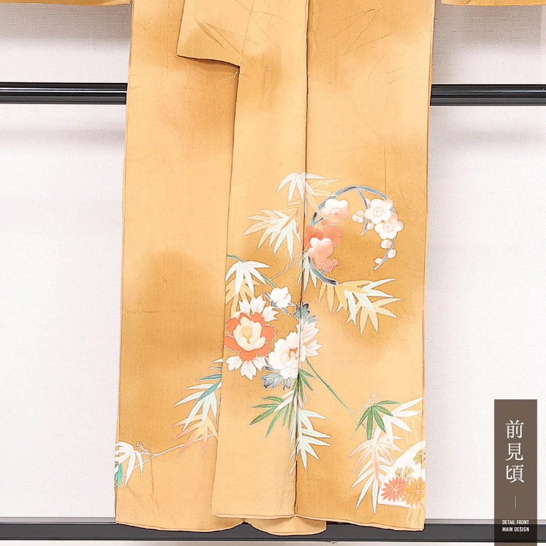 アンティーク 付下げ 袷 錦紗 身丈151cm 裄丈62cm Bランク 正絹 広衿 Sサイズ ぼかし染 梅 笹 古典的 しとやか ベージュ系 茶系 1261-13518