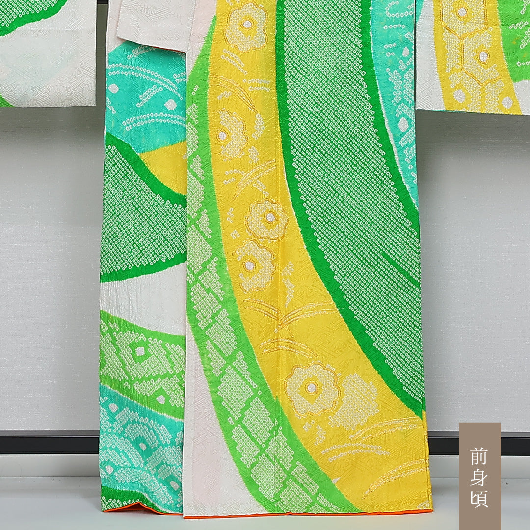 振袖 身丈163cm 裄丈63cm Cランク 袷 正絹 XL 広衿 レトロ 絞り 吉祥文様 熨斗 古典柄 白系 1213-F0433