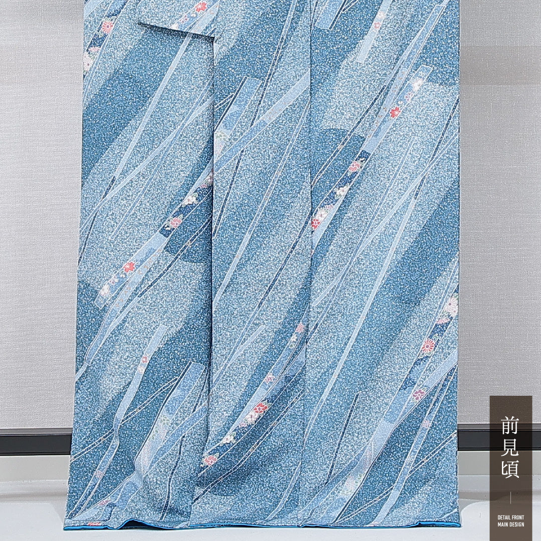 小紋 洗える着物 袷 身丈166cm 裄丈64cm ポリエステル Sランク XLサイズ 広衿 インフォーマル 短冊 桜 青系 水色系 1215-14983