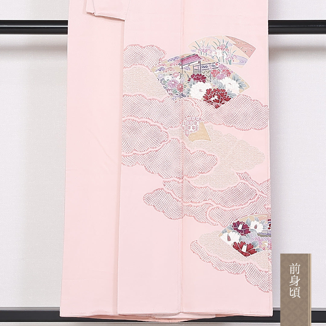 訪問着 袷 身丈153cm 裄64.5cm 正絹 扇 吉祥文様 茶屋辻 パールトーン加工 Aランク 1212-00807