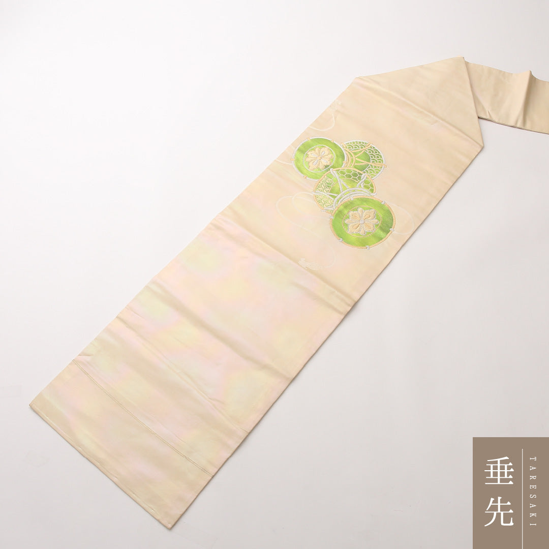 九寸名古屋帯 Cランク 帯丈352cm 正絹 六通 名古屋仕立て 織り セミフォーマル 鼓 クリーム系 RP 1245-02425