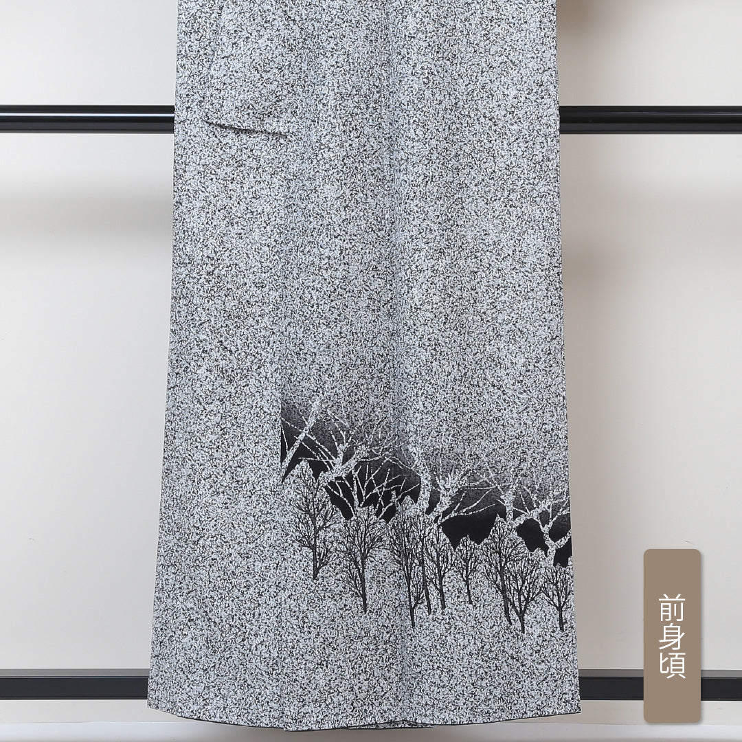 洗える着物 付下げ 袷 身丈155cm 裄丈63cm ポリエステル Sランク インフォーマル 広衿 Mサイズ たたき染め 樹木 黒系 RP 1218-04274