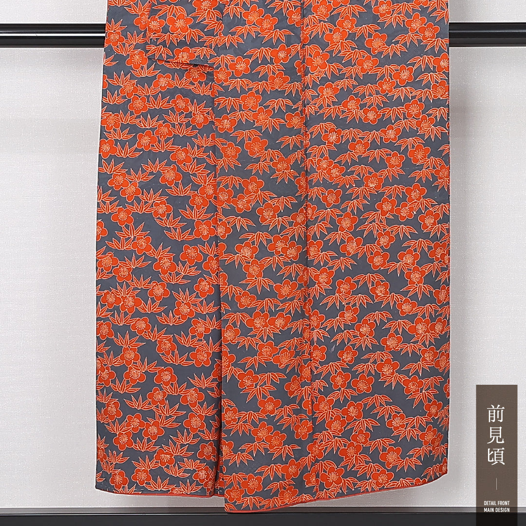 アンティーク 小紋 袷 身丈147cm 裄丈62cm 正絹 Cランク 広衿 XSサイズ 梅 笹 紺系 M4 1221-12477