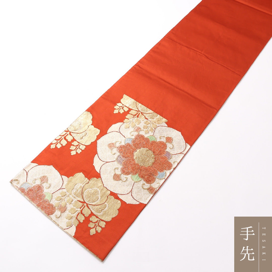 袋帯 帯丈414cm 六通 フォーマル Aランク 正絹 華文 桐 古典的 華やか 赤系 1223-01737