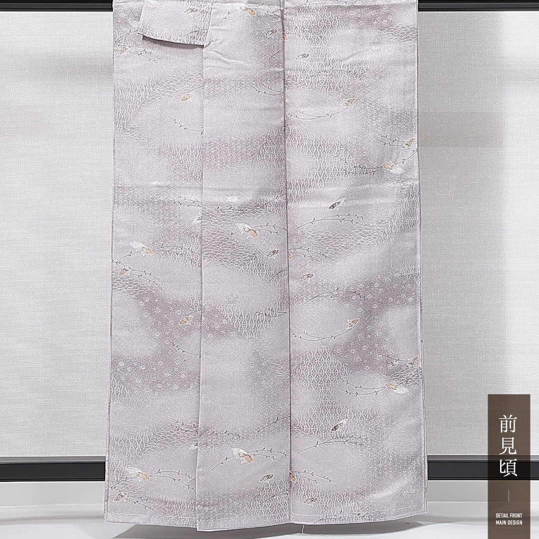 洗える着物 小紋 袷 身丈158cm 裄丈62cm ポリエステル Aランク インフォーマル 広衿 Mサイズ 扇 吉祥文様 グレー系 RP 1221-14904