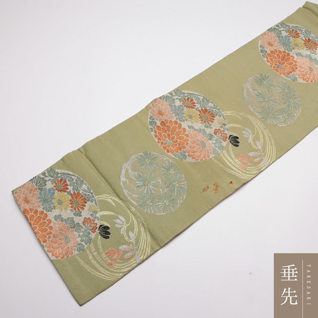 アンティーク 九寸名古屋帯 Cランク 帯丈334cm 正絹 六通 名古屋仕立て 染め ちりめん 菊 緑系 M4 1245-01794