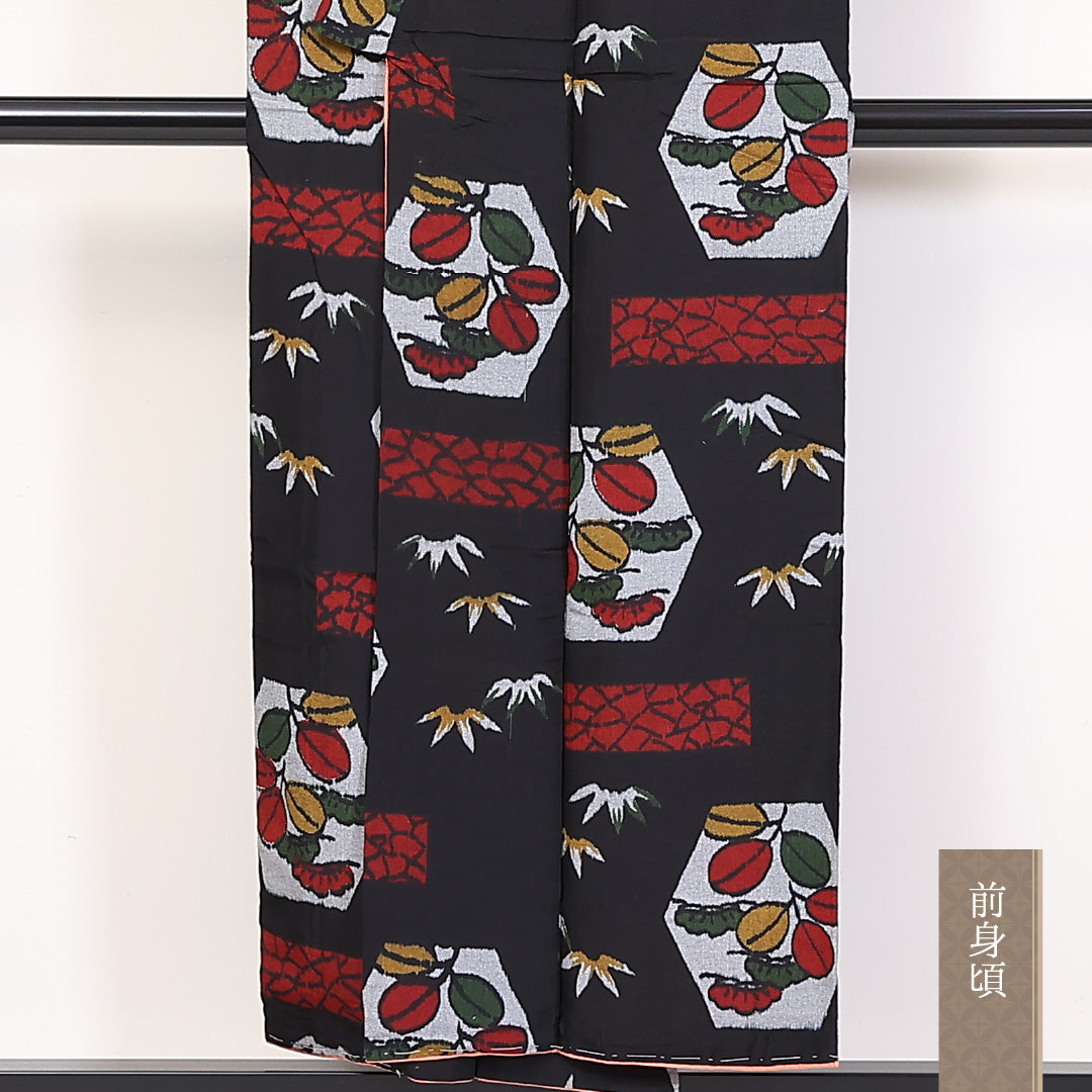 アンティーク お召 袷 身丈151cm 裄62cm 正絹 黒系 Aランク 1216-01276