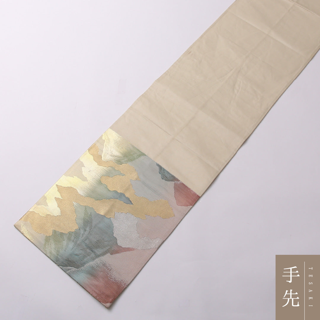 袋帯 帯丈408cm 正絹 六通 セミフォーマル 綴れ織 山水 クリーム系 1243-01570
