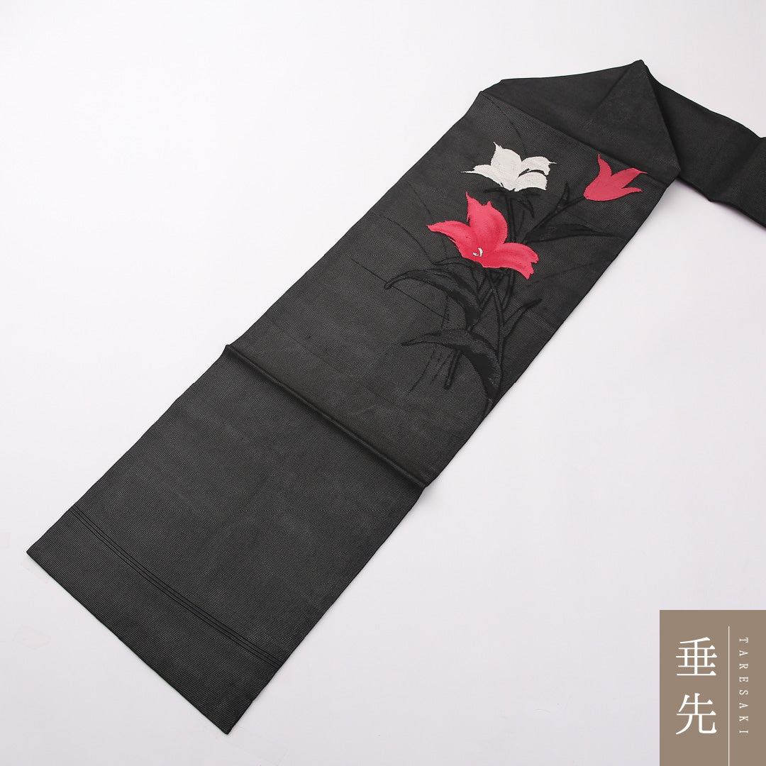 未使用品 九寸名古屋帯 （夏帯） Nランク 帯丈351cm 正絹 ポイント柄 名古屋仕立て 織り インフォーマル 花柄 黒系 RP 1245-02377