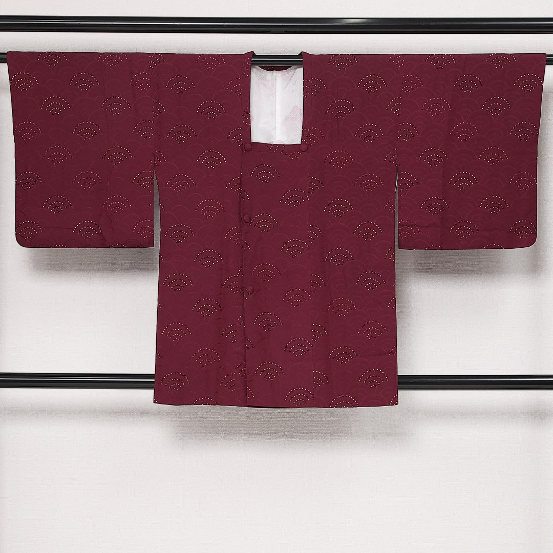 洗える着物 道行コート 袷 身丈85cm 裄丈65cm ポリエステル Sランク 紋意匠 (青海波) セミフォーマル Mサイズ 赤系 RP 1237-13717