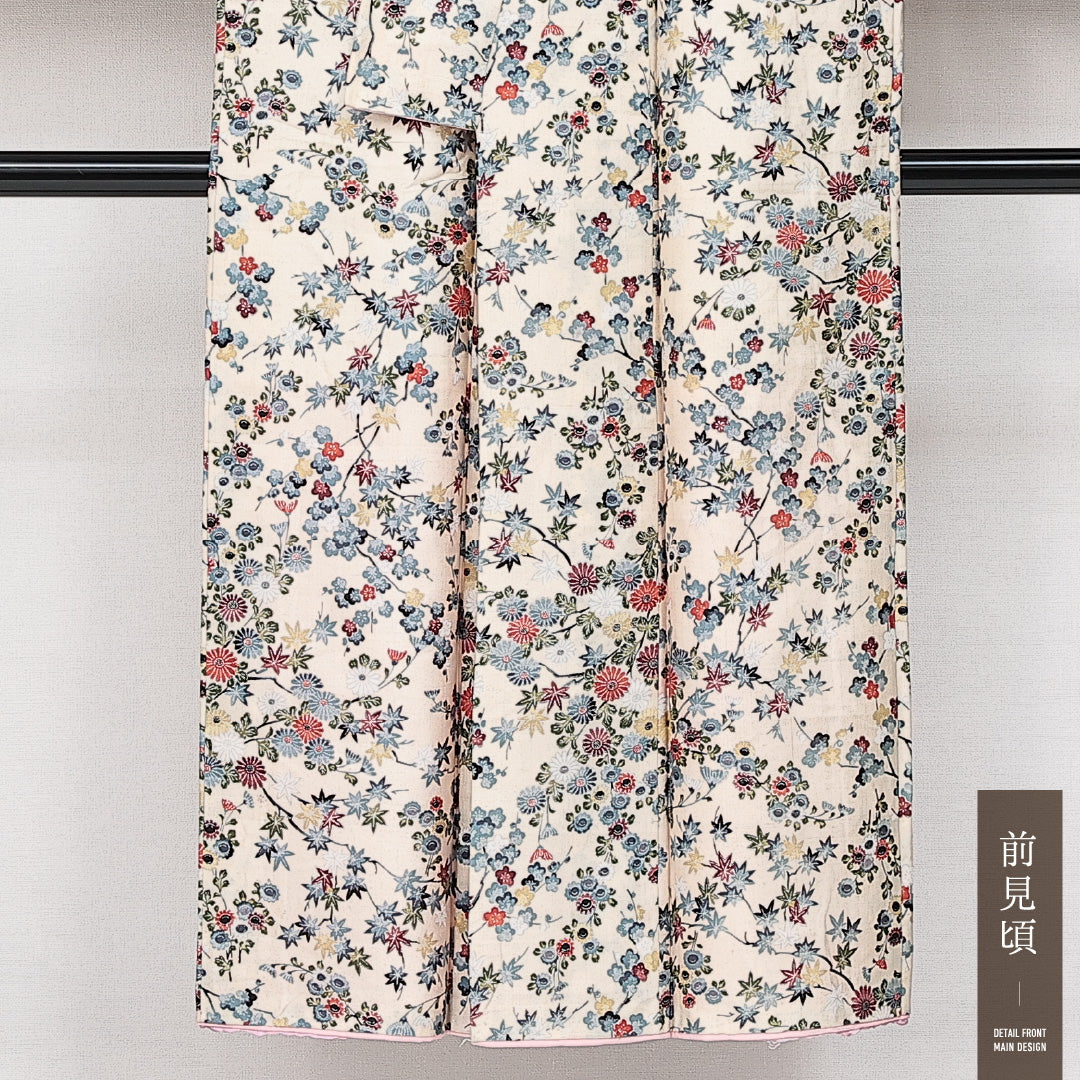 紬 袷 身丈146cm 裄丈63cm 正絹 Aランク カジュアル 広衿 XSサイズ 染め紬 菊 紅葉 クリーム系 RP 1223-14604