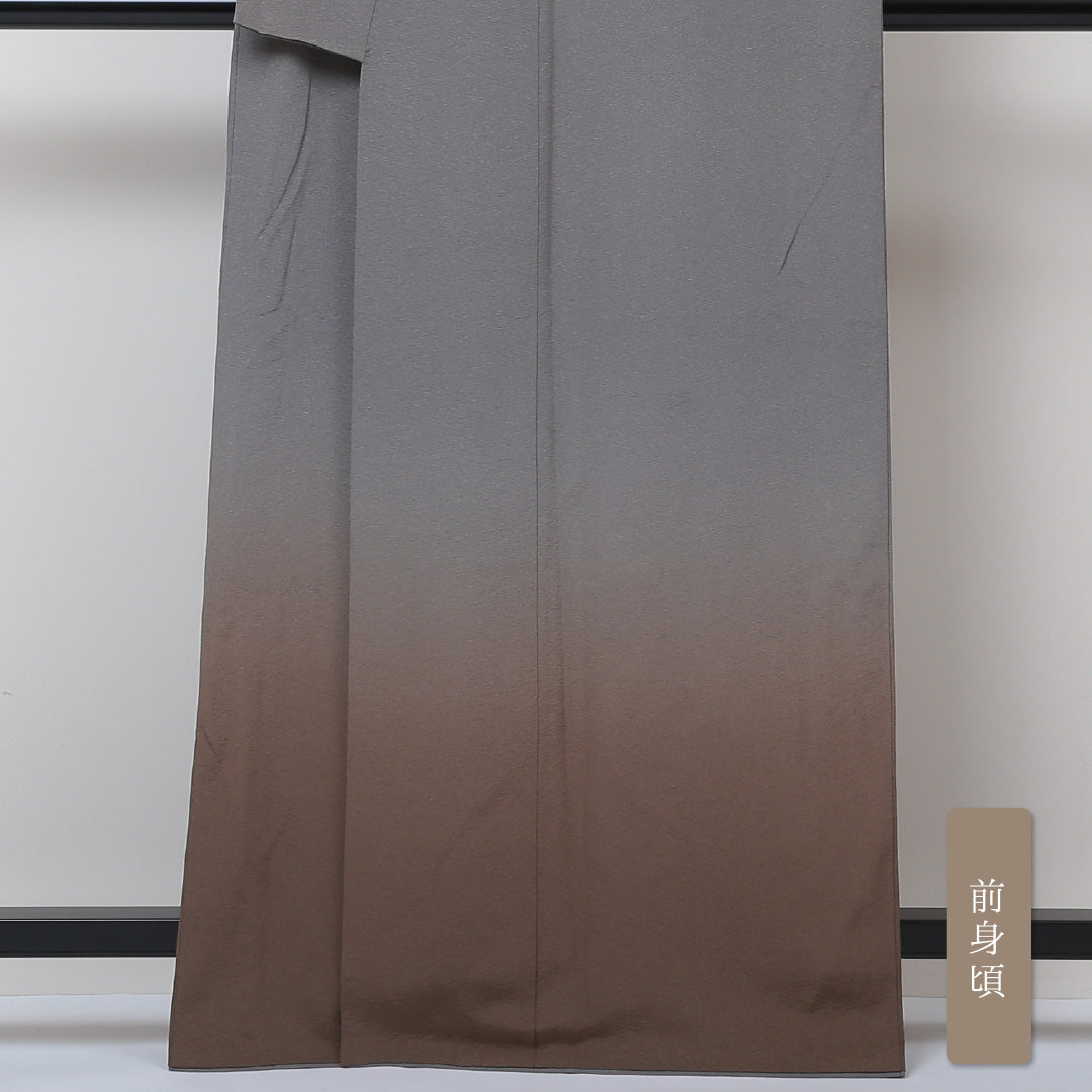 付下げ (ちりめん) 袷 身丈162cm 裄丈66cm 正絹 Aランク 一つ紋 (蔦) セミフォーマル 広衿 Lサイズ ふくれ織 ぼかし染 無地 ちりめん グレー系 RP 1218-04318