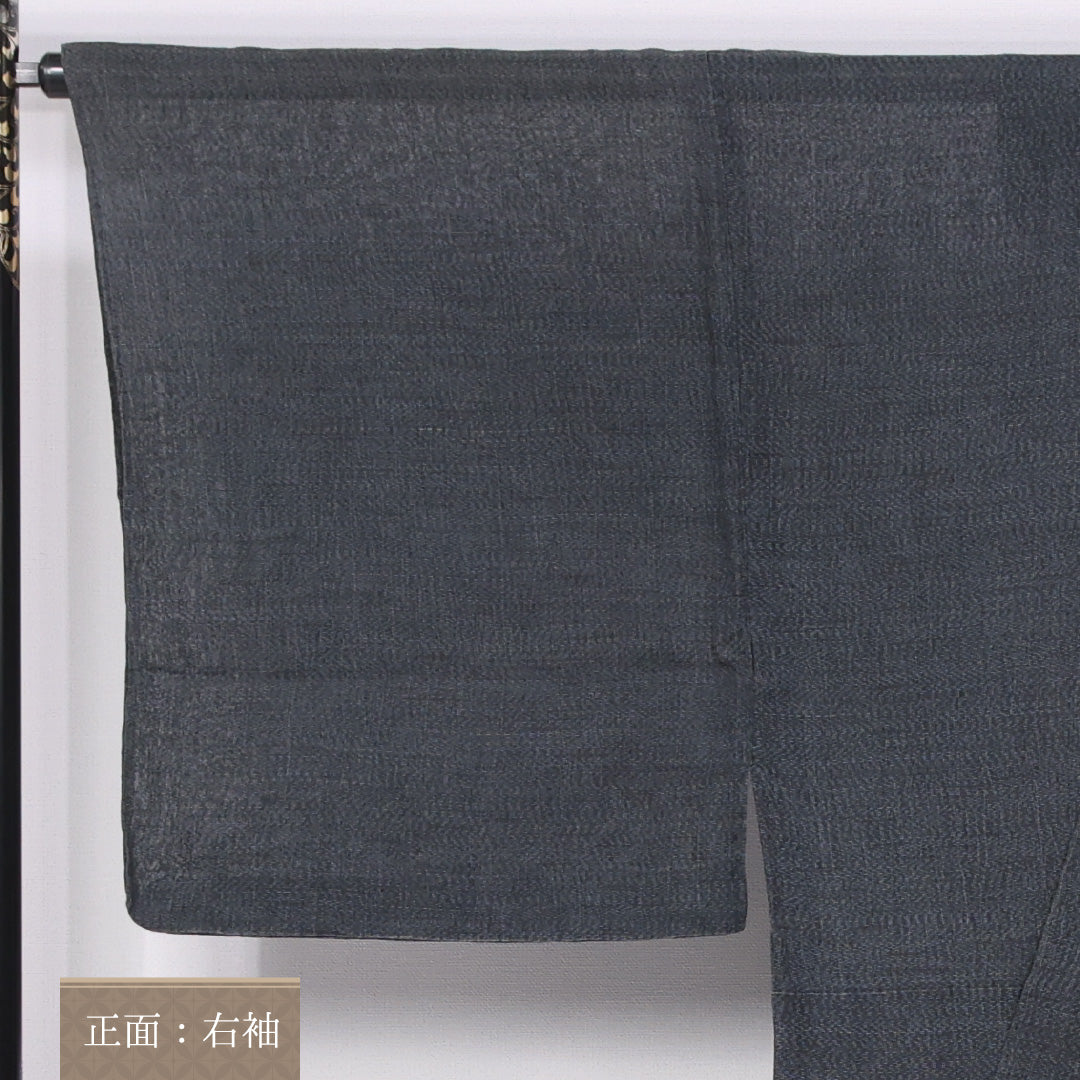 男着物 夏物 紗 身丈132cm 裄丈67cm 正絹 Aランク XSサイズ バチ衿 カジュアル 無地 黒系 1219-06288