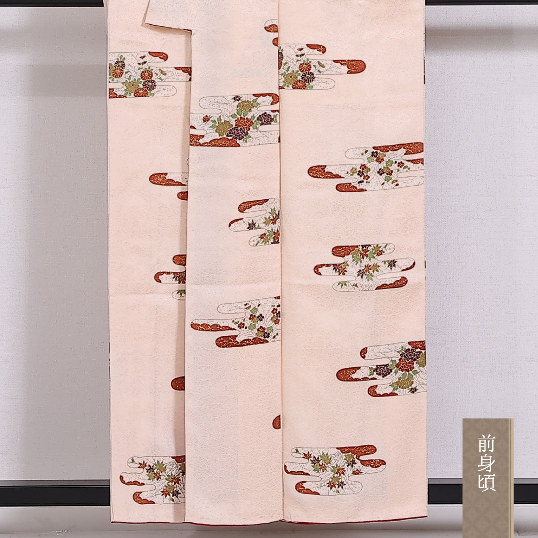 小紋 袷 身丈155cm 裄62cm 正絹 エ霞 金箔 クリーム系 Sランク しつけ糸 1215-02474