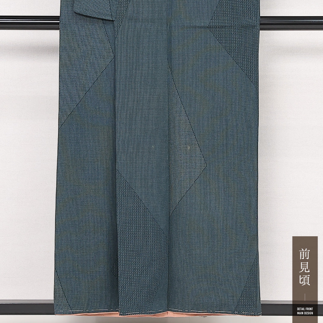 お召 袷 身丈152cm 裄丈63cm 正絹 Cランク インフォーマル 広衿 Sサイズ 創作柄 緑系 HP 1222-13371