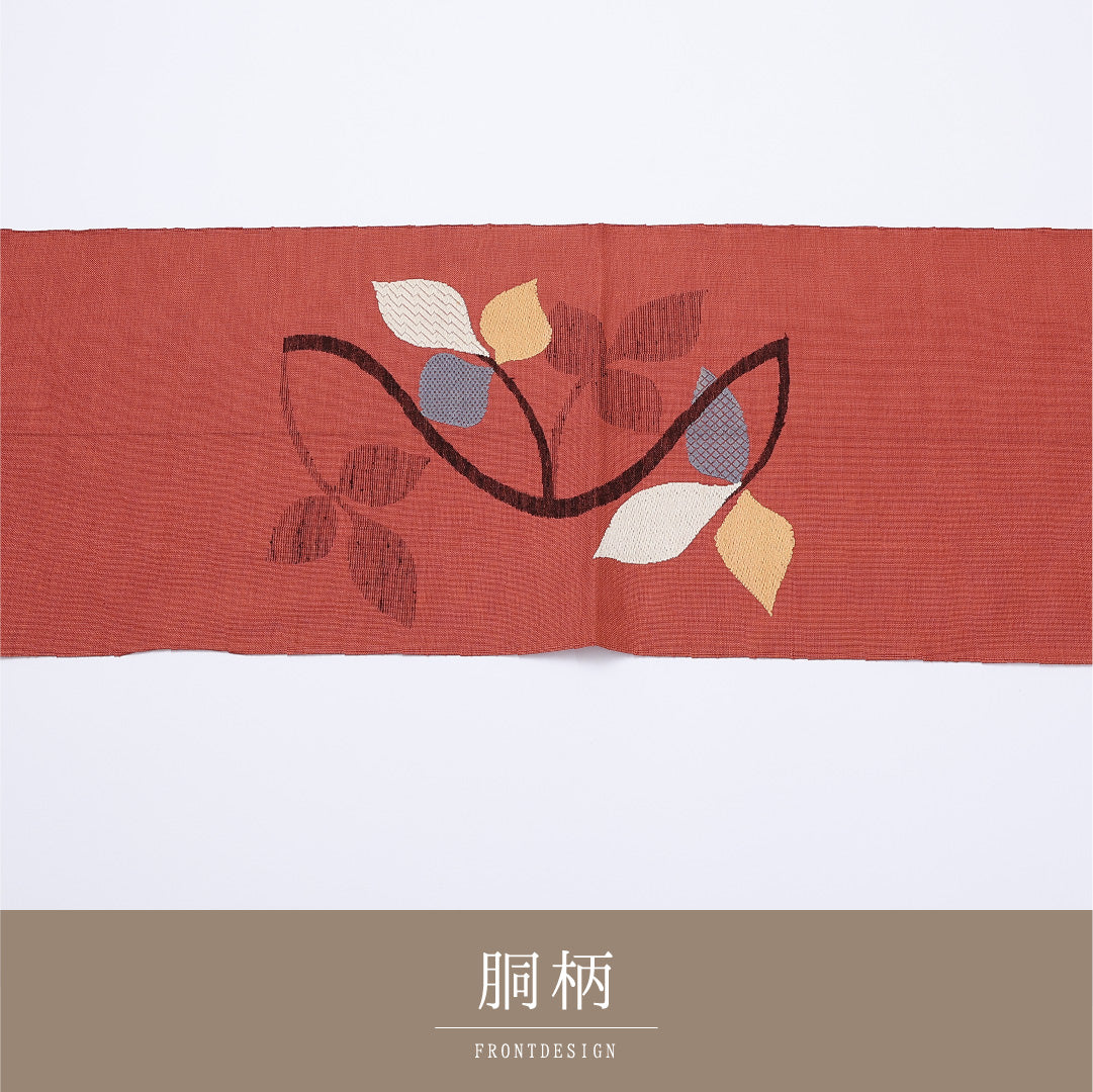 八寸名古屋帯 帯丈350cm 六通 松葉仕立て Sランク カジュアル 植物柄 紬 正絹 朱系 1224-01402