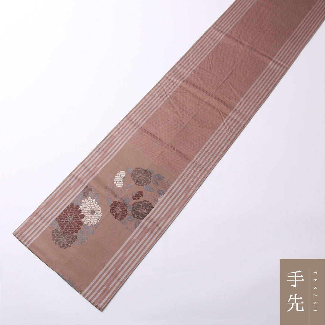 九寸名古屋帯 Sランク 帯丈376cm 正絹 六通 開き仕立て 織り インフォーマル 菊 丸文 茶にも見えるくすんだピンク系 RP 1245-02789