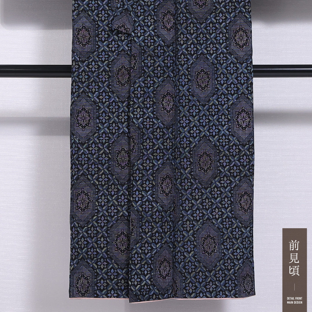 アンティーク 紬 袷 身丈142cm 裄丈61cm 正絹 Aランク バチ衿 XSサイズ 花菱 紺系 M4 1223-11728