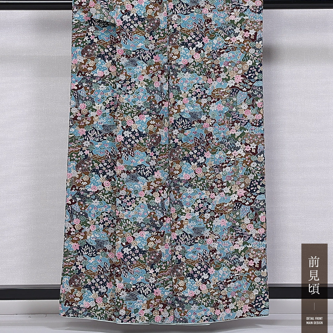 小紋 袷 身丈158cm 裄丈64cm 正絹 Bランク インフォーマル バチ衿 Mサイズ 四季草花 緑系 HP 1221-11277
