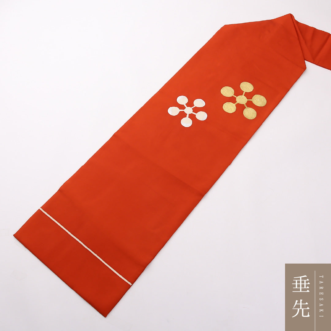 九寸名古屋帯 Aランク 帯丈337cm 正絹 ポイント柄 名古屋仕立て 染め セミフォーマル 塩瀬 梅鉢 家紋柄 朱系 LP 1245-02384