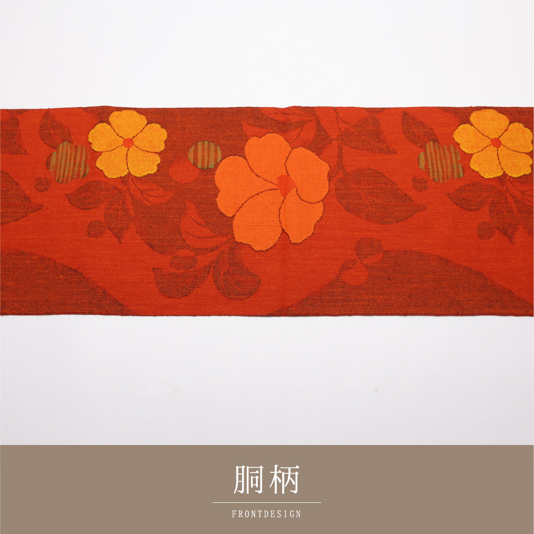 八寸名古屋帯 Sランク 帯丈362cm 正絹 六通 松葉仕立て 織り カジュアル 紬 芙蓉 朱系 LP 1245-01760