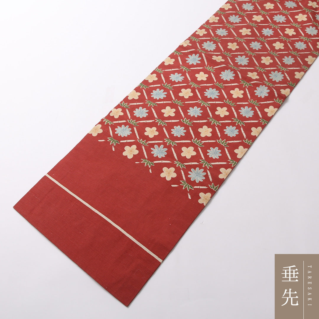 九寸名古屋帯 Aランク 帯丈345cm 正絹 全通 名古屋仕立て 染め カジュアル 紬 花菱 梅 笹 朱系 LP 1245-02976