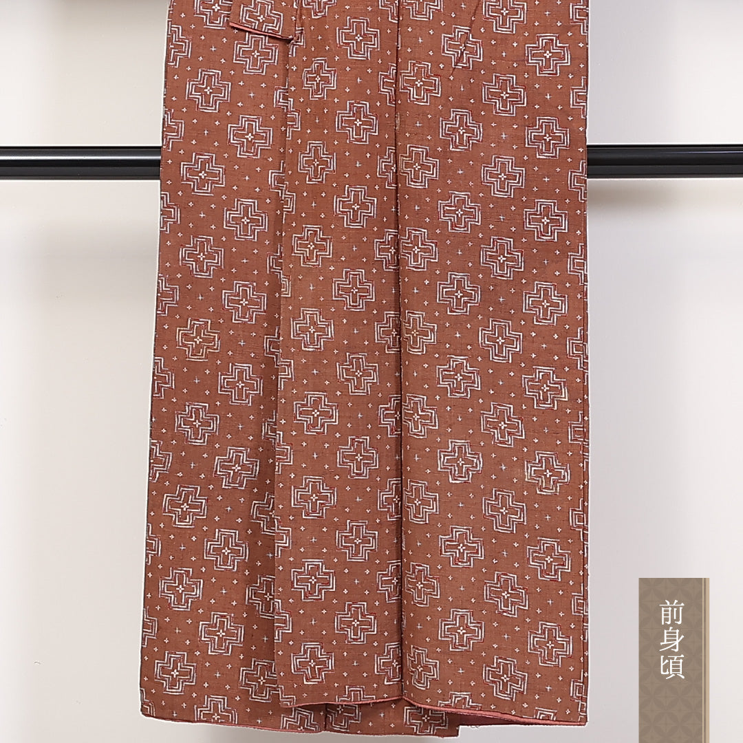 アンティーク 洗える着物 木綿の小紋 袷 身丈139cm 裄丈62cm 木綿 Aランク バチ衿 XSサイズ 創作柄 茶系 RP 1221-03765
