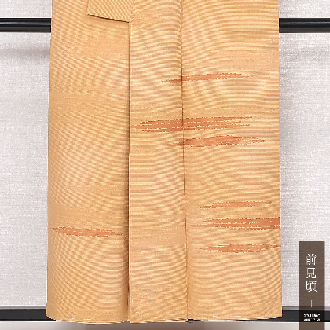 未使用品 付下げ 袷 身丈153cm 裄丈62cm 正絹 Sランク インフォーマル 広衿 Sサイズ しつけ糸 創作柄 朱系 RP 1218-13405