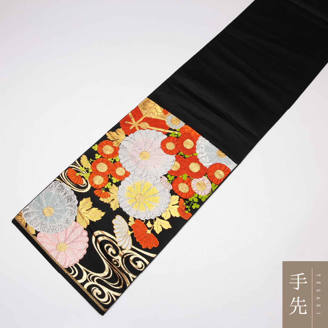 袋帯 帯丈410cm 正絹 六通 フォーマル 観世水 菊 金箔 金系 黒系 1243-01221