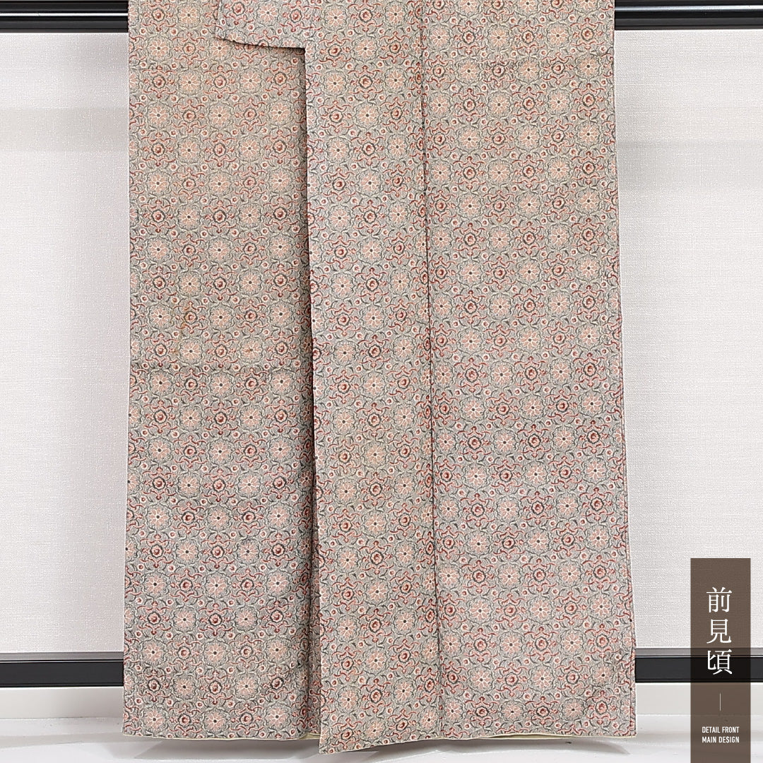 お召 袷 身丈159cm 裄丈63cm 正絹 Aランク インフォーマル 広衿 Mサイズ 唐華 ベージュ系 RP 1222-13191